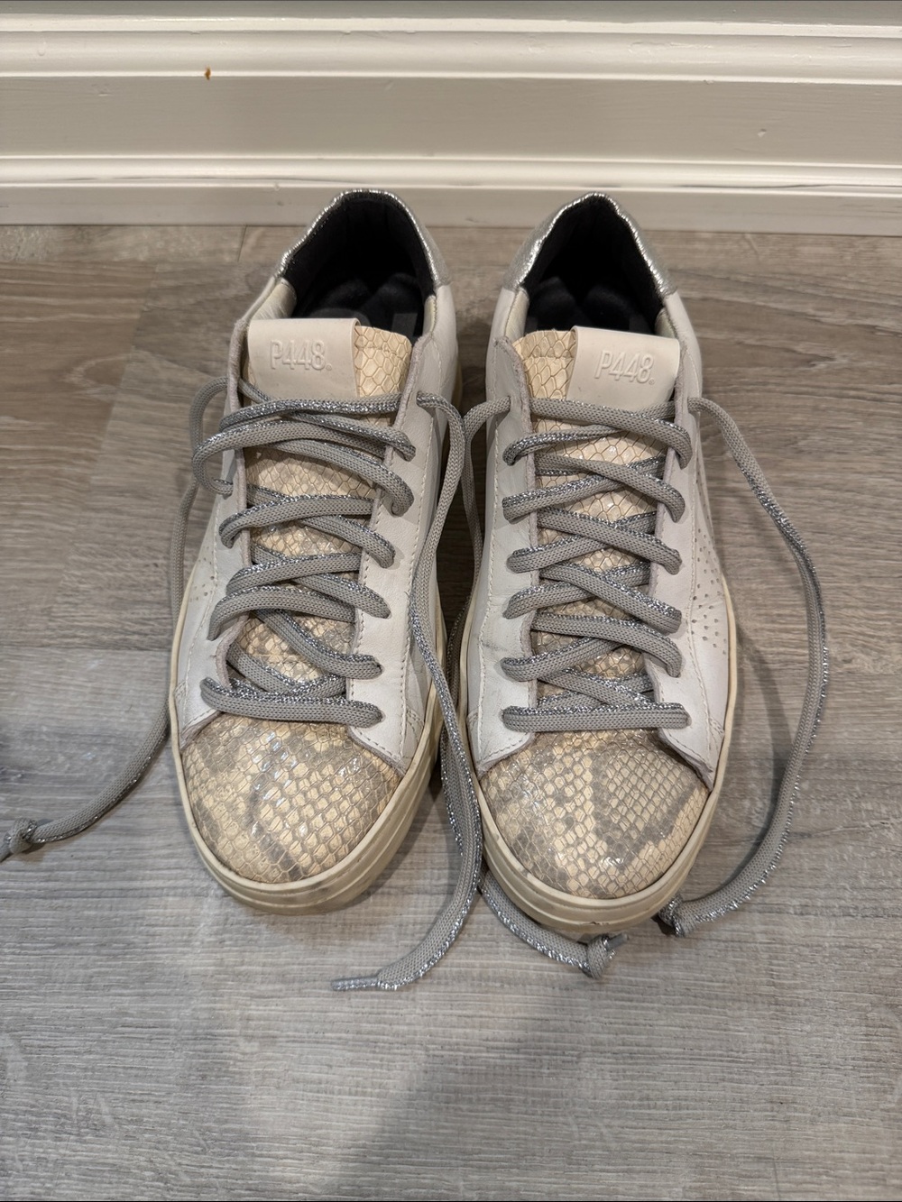 P448 Women’s White Sneakers with Beige Snake-Print Toe